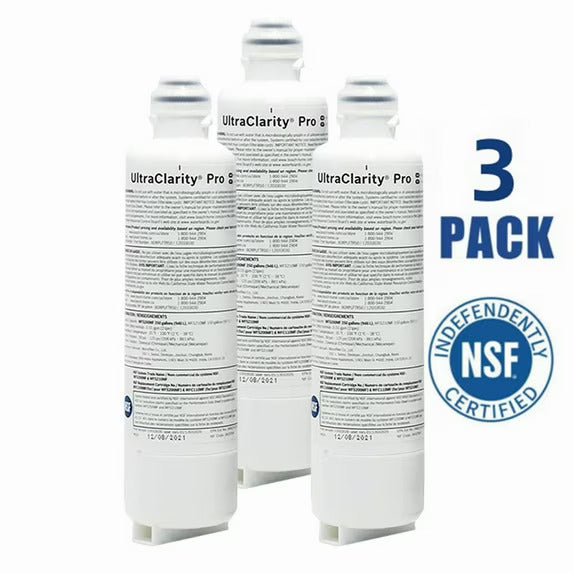 Three UltraClarity Pro water filter cartridges with an NSF certification logo on a white background