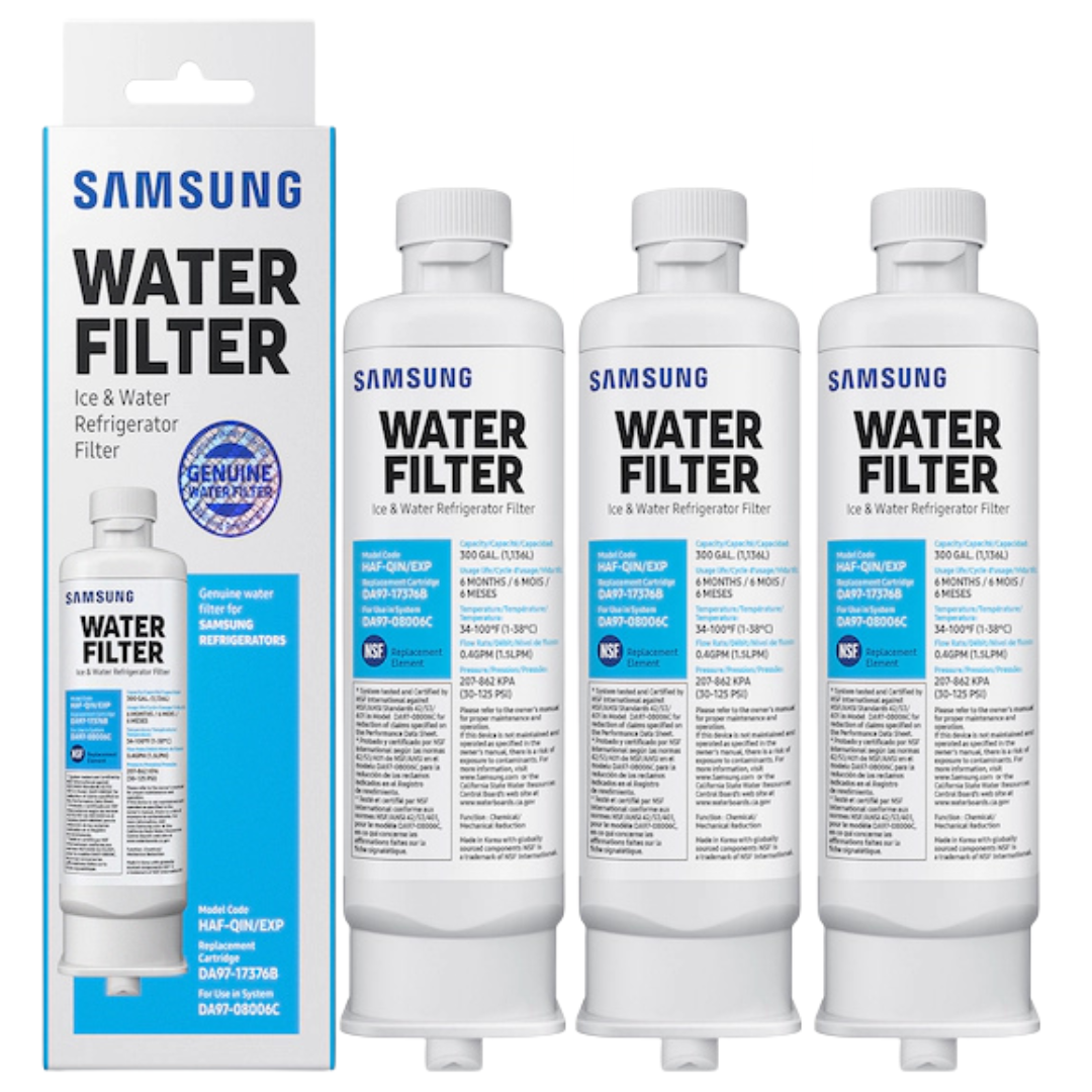 Samsung RF28R7201SR Water Filter 3-Pack Replacement Filters for DA97-17376B and DA97-08006C System with packaging on a white background