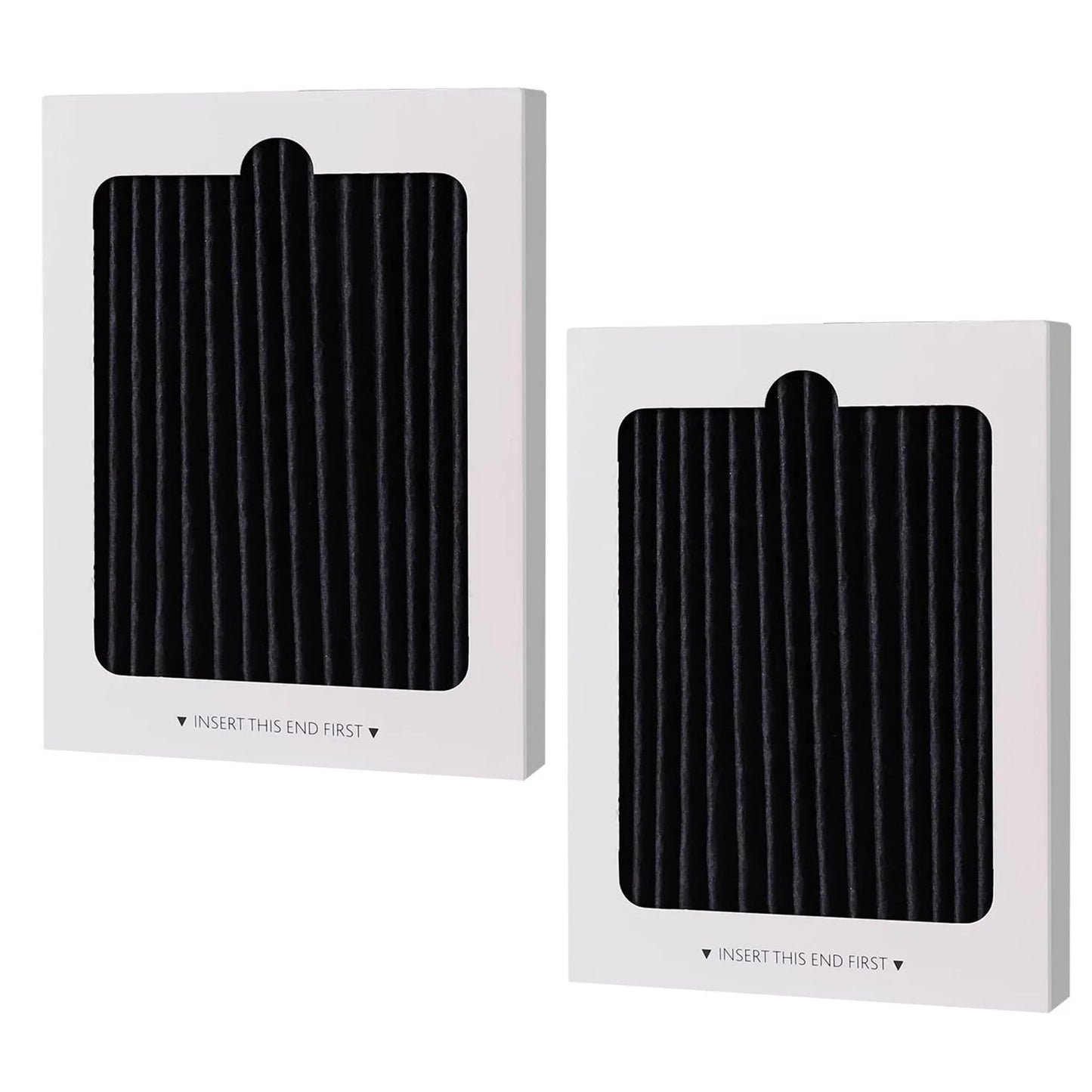 Two black ribbed paulta air filter in white packaging on a white background