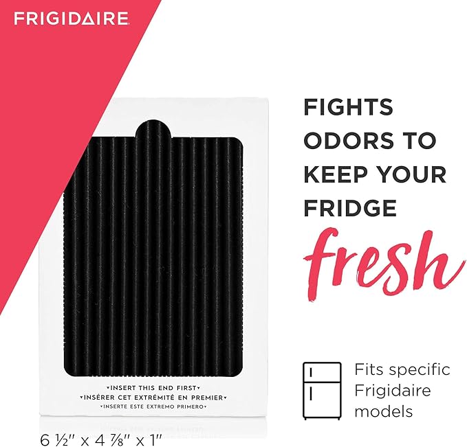 Frigidaire refrigerator odor eliminator packaging with text on a white background