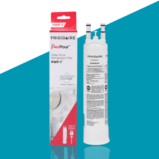 Frigidaire PurePour water and ice refrigerator filter on a blue and white background