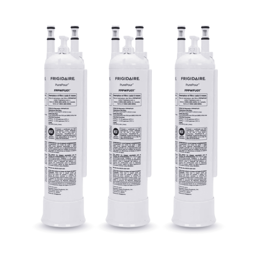 Three Frigidaire water filters on a white background