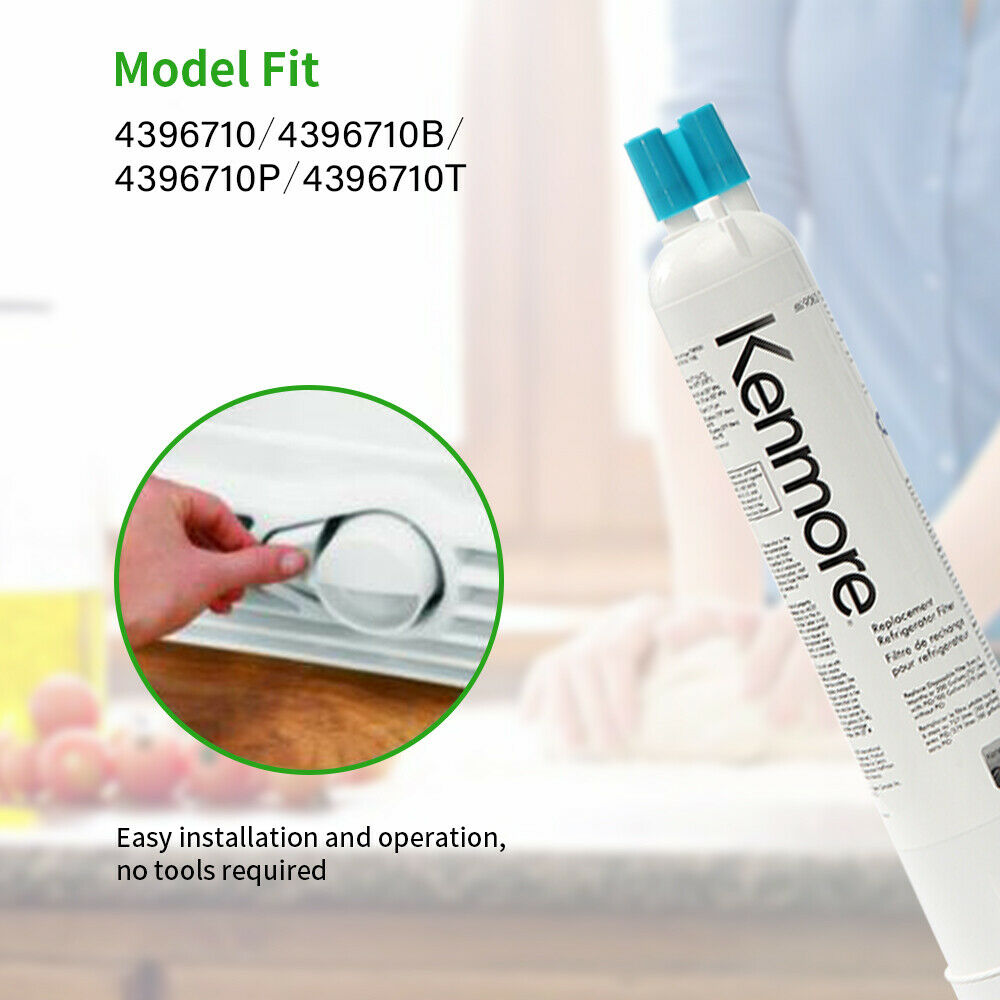 Kenmore filter 9083 packaging with model numbers and installation instructions on a blurred kitchen background