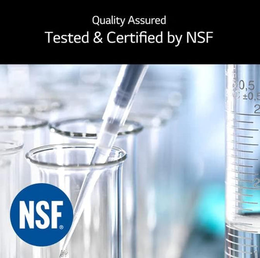 Laboratory setting with beakers and NSF logo, indicating quality assurance and certification by NSF.