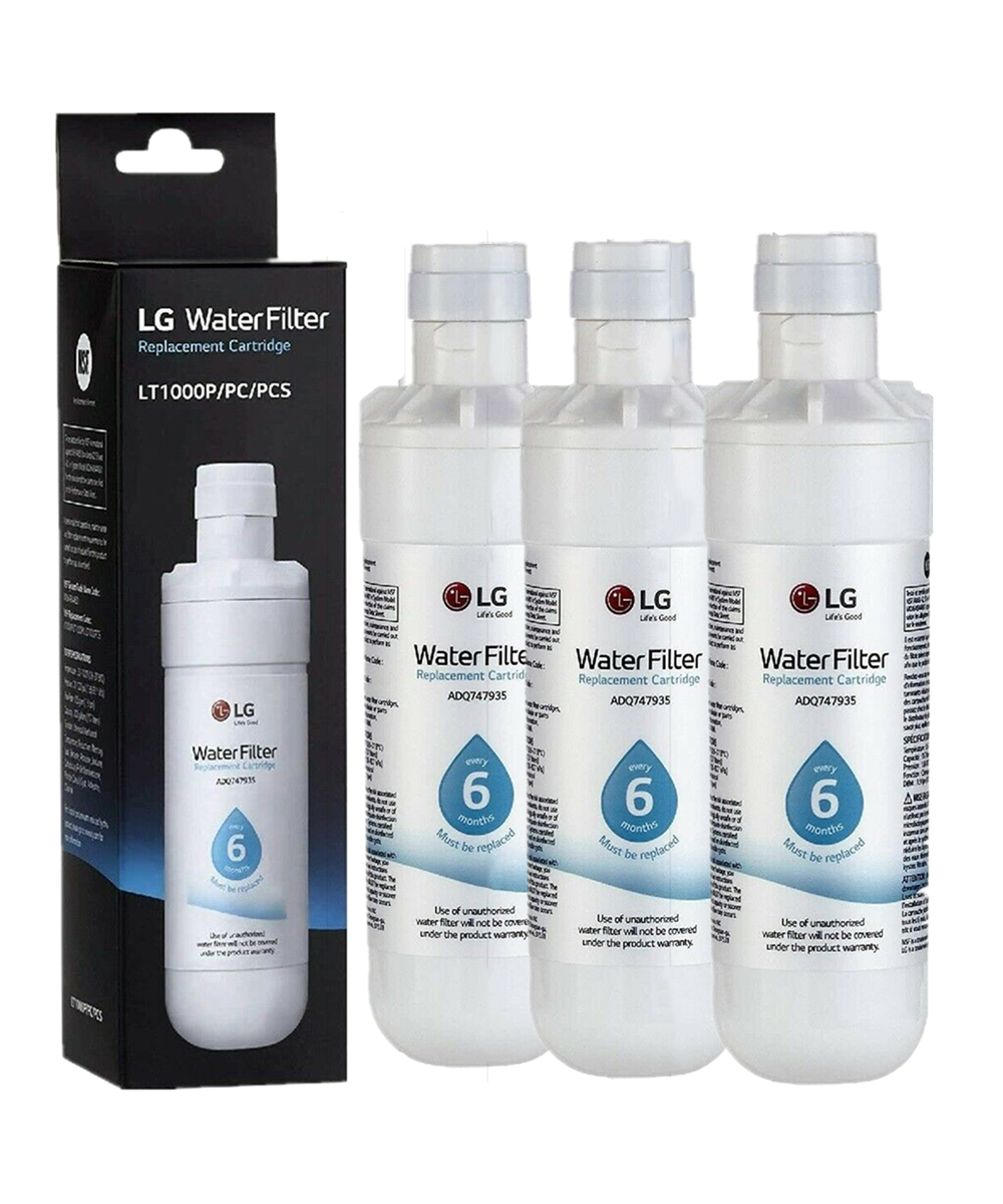3 Pack LG Fridge LMXS28626S Water Filter bottles with packaging on a white background