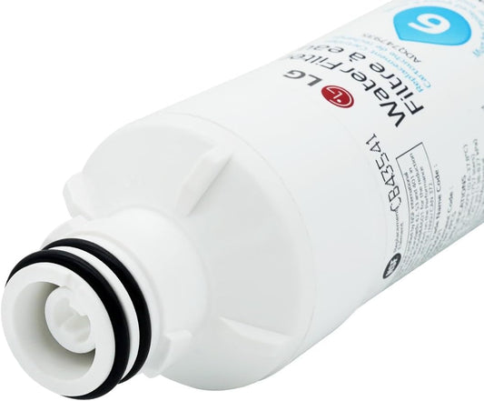 White LG Refrigerator Model LMXS28596S Water Filter cartridge with branding on a white background