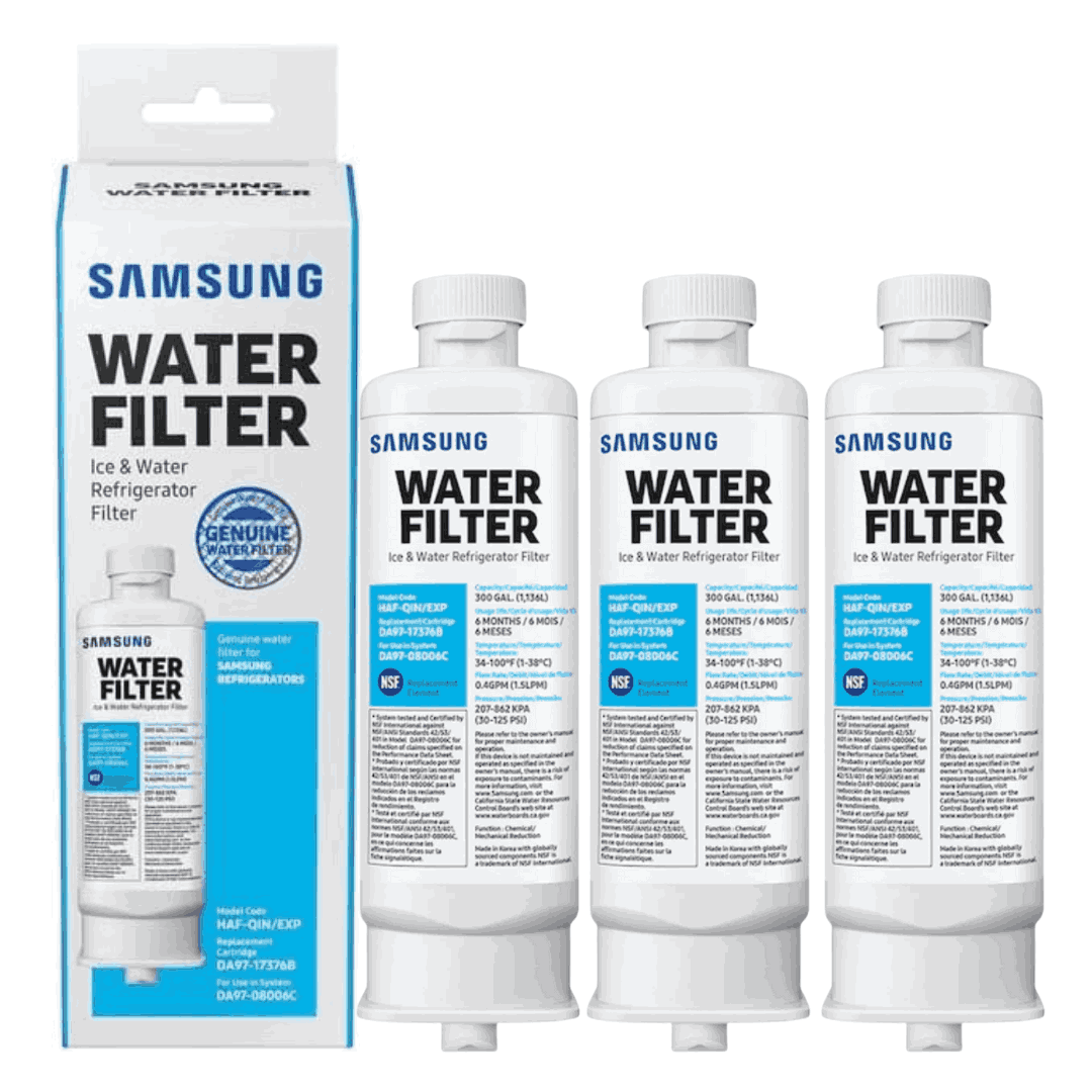 3 Pack Samsung Refrigerator RF24R7201SR Water Filter with packaging on a white background