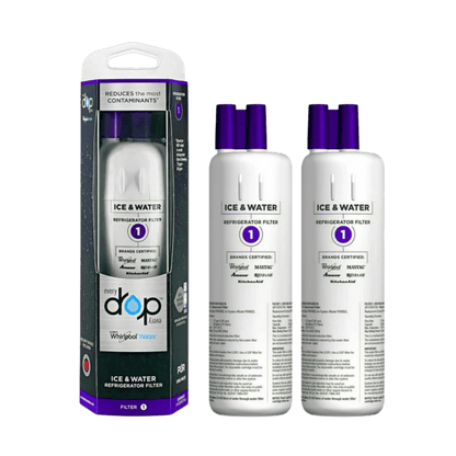 Two white refrigerator water filter bottles with purple caps and a packaging box on a green background.