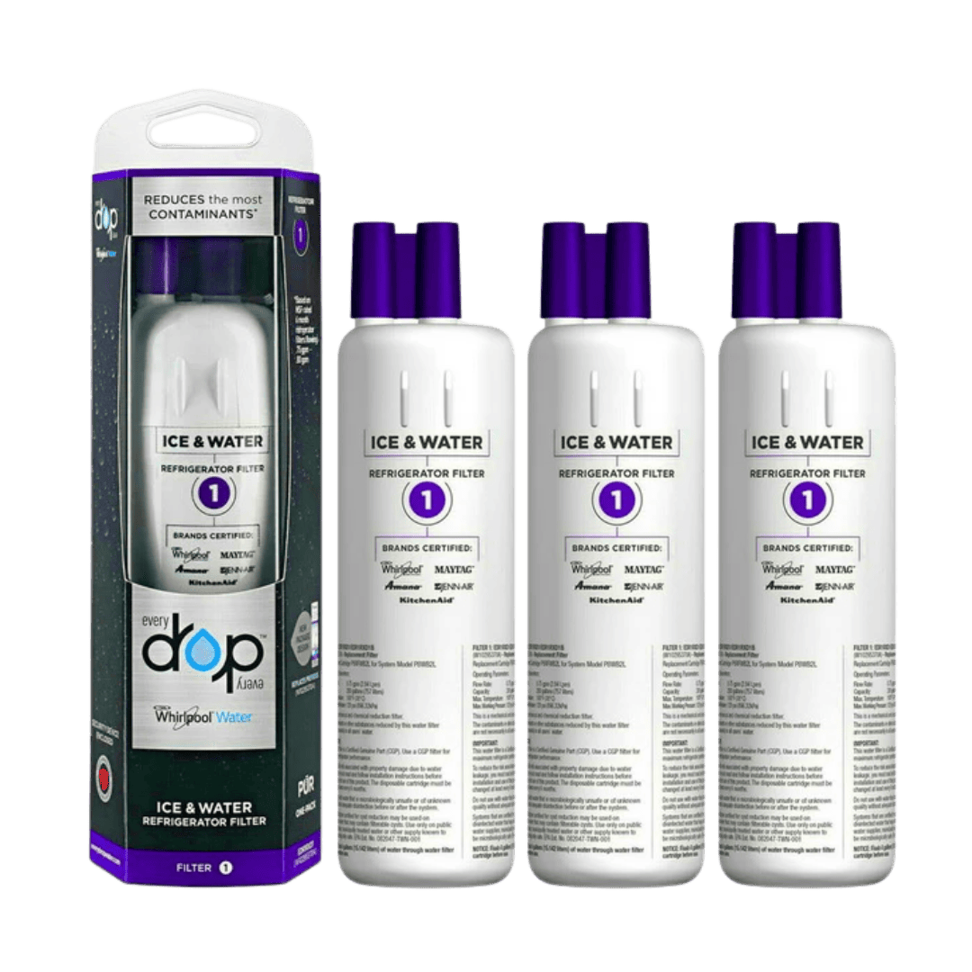 Dop ice and water refrigerator filter packaging with four filters on a green background