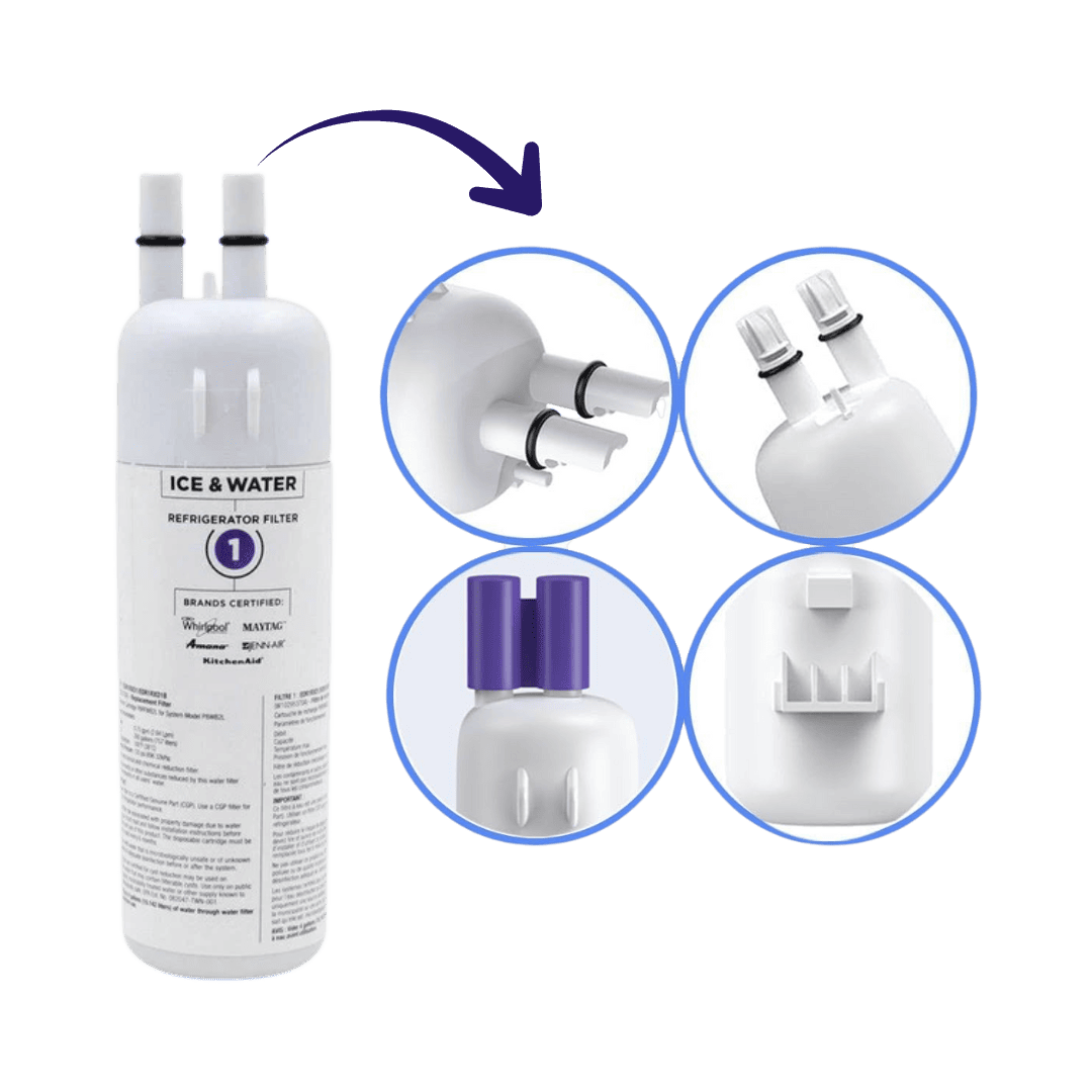 Everydrop Ice and water refrigerator filter 1 with close-up details on a transparent background