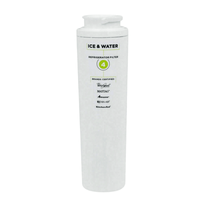 White refrigerator water filter with brand certifications on a white background
