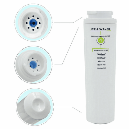 Refrigerator water filter with detailed views on a white background